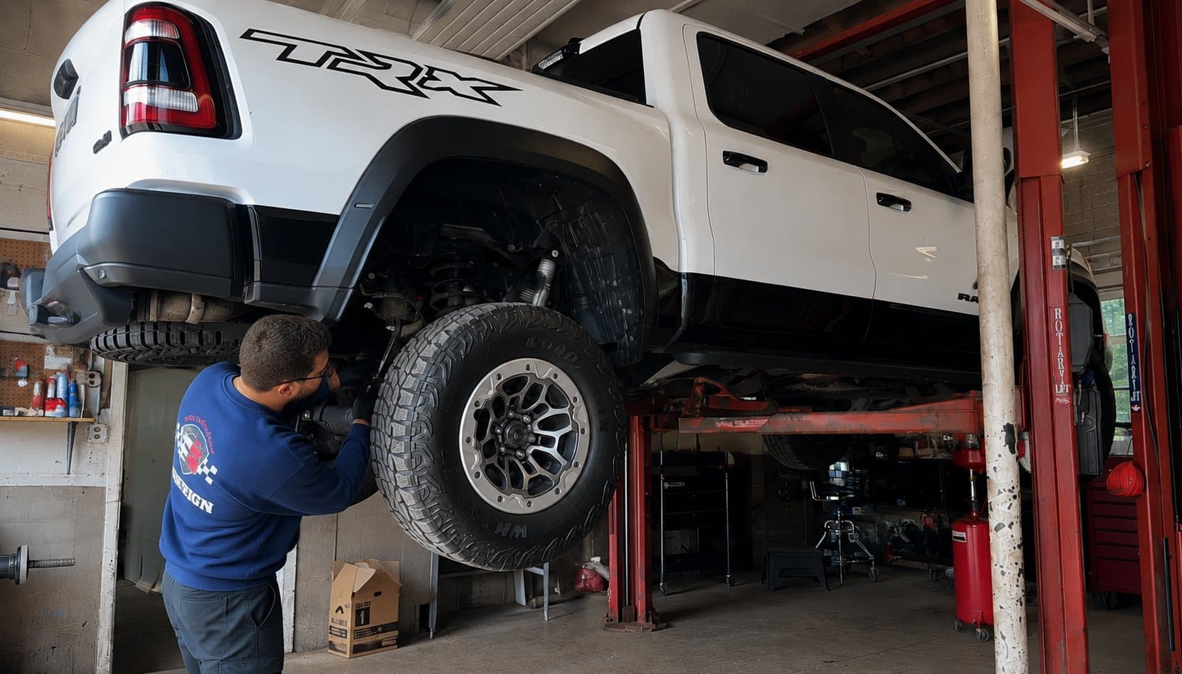A mechanic servicing a truck up on the lift at Exeter Auto Clinic.
